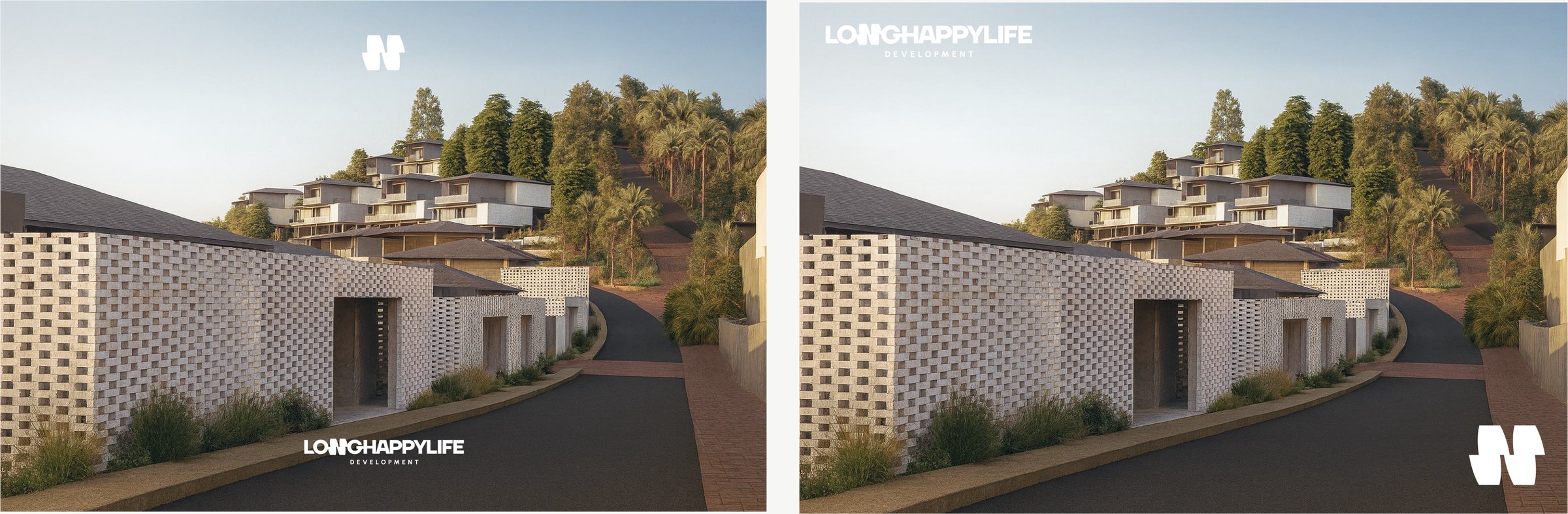 Long Happy Life logo and N symbol on architectural renders