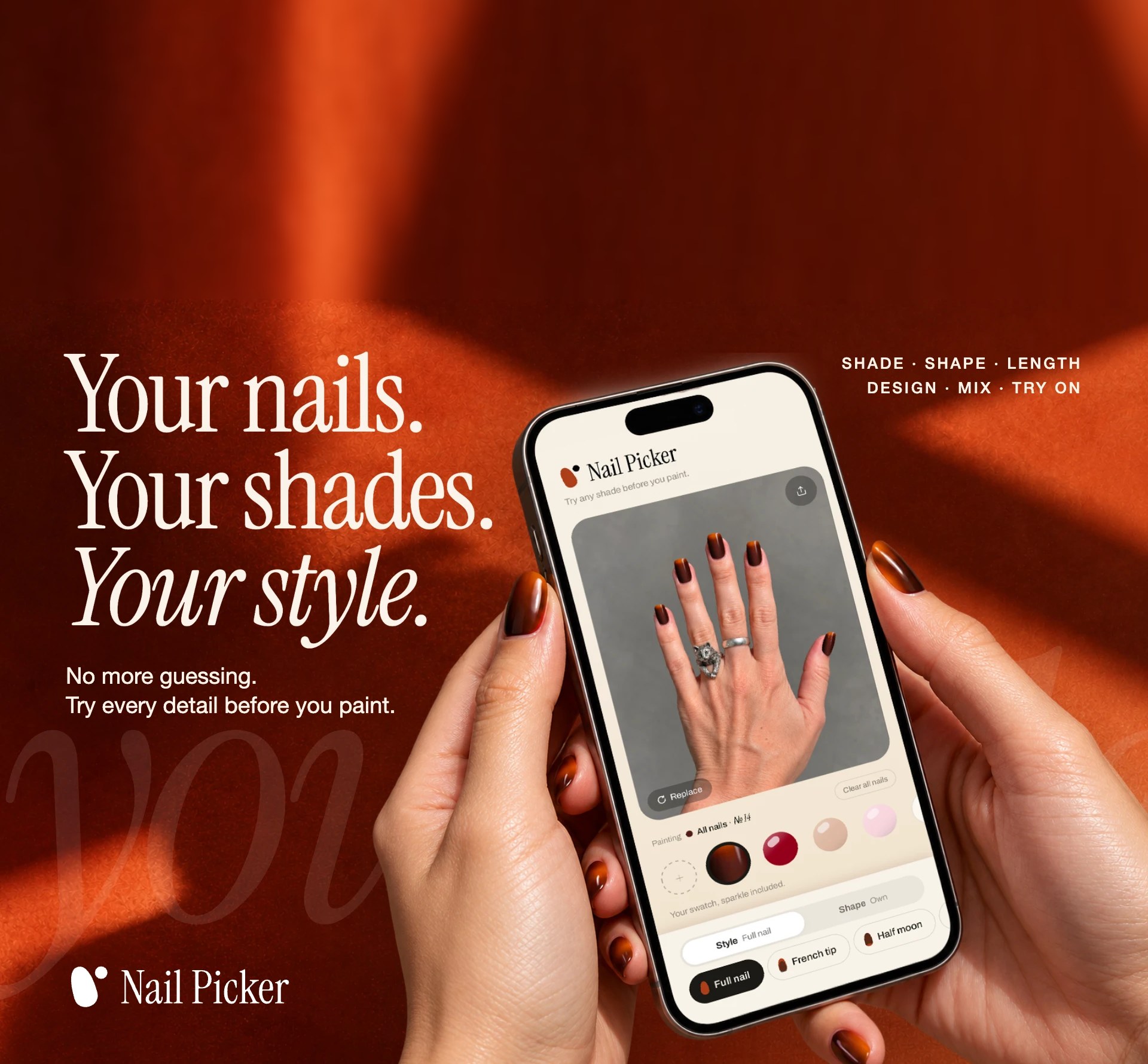Nail Picker: Your nails. Your shades. Your style. The app on an iPhone held in two hands